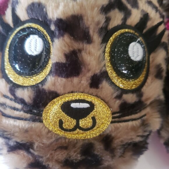 Kids Girls Furry Leopard Print Cat Slippers Pink Lining Size M 13 1 Bow Detail - Picture 2 of 5